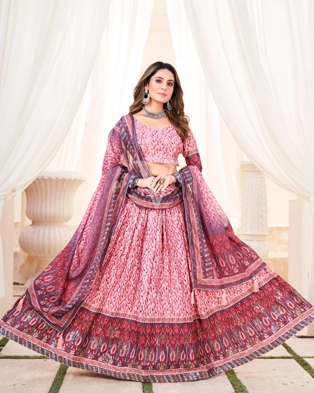 Vivan Chinon Printed Lehenga With Mukesh Work