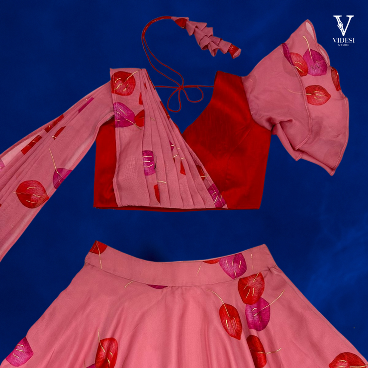 Viviana Fashionable Pink Digital Printed Tabby Organza Silk with Mono Banglori Lehenga