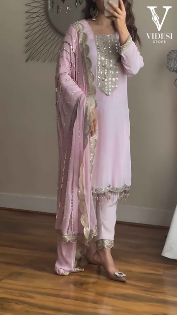 Ilena Heavy Embroidered Sequined Faux Georgette Suit With Diamond Handwork