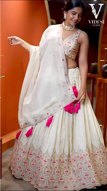 Bonnie Elegant White Embroidered Sequined Heavy Faux Georgette Lehenga