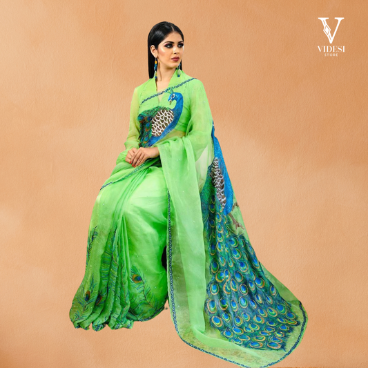 Ynez Modish Soft Organza Digital Printed Peacock Saree
