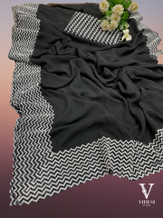 Zoya Precious Black Georgette Banglori Satin Cutwork Border Embroidered Saree