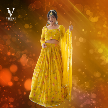 Adia Gleaming Yellow Embroidered Digital Printed Faux Georgette Lehenga