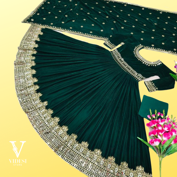 Advika Lavish Full Sleeve Dark Green Heavy Velvet with Heavy Embroidery Sequined Lehenga