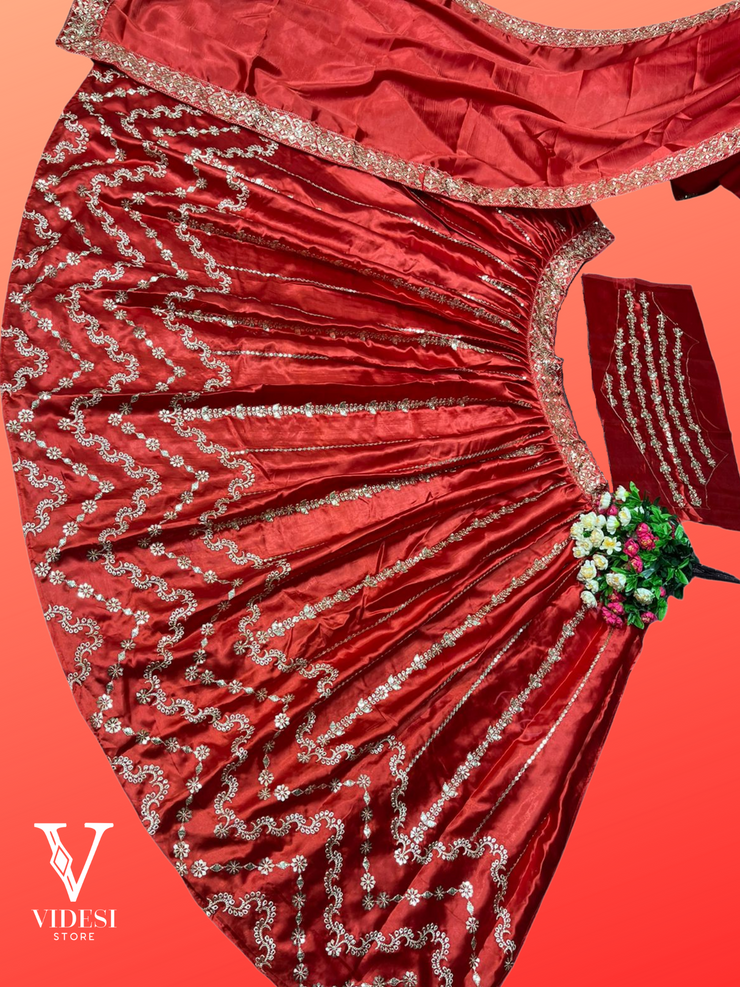 Jhanvi Classic Red Embroidered Heavy Sateen Sequined Lehenga
