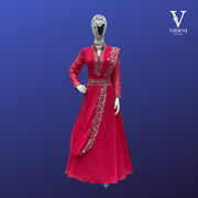 Amelie Bright Pink Long Sleeve Embroidered Sequined Faux Georgette Gown with Dupatta and Moti Latkan Belt