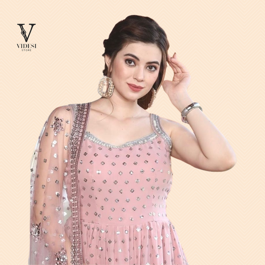 Amvi Blushing Pink Faux Georgette Heavy Embroidered Sequined Suit