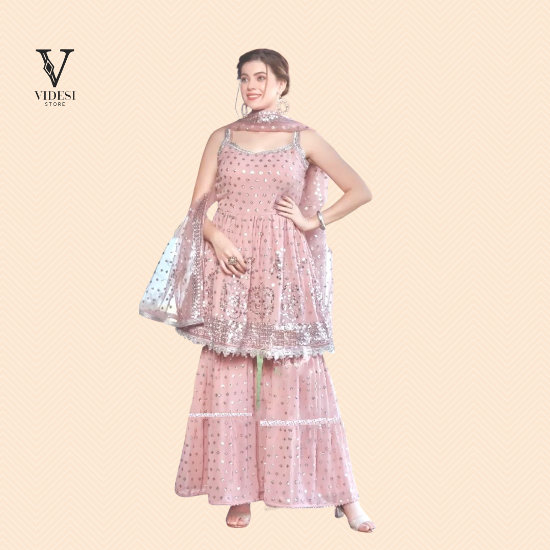 Amvi Blushing Pink Faux Georgette Heavy Embroidered Sequined Suit
