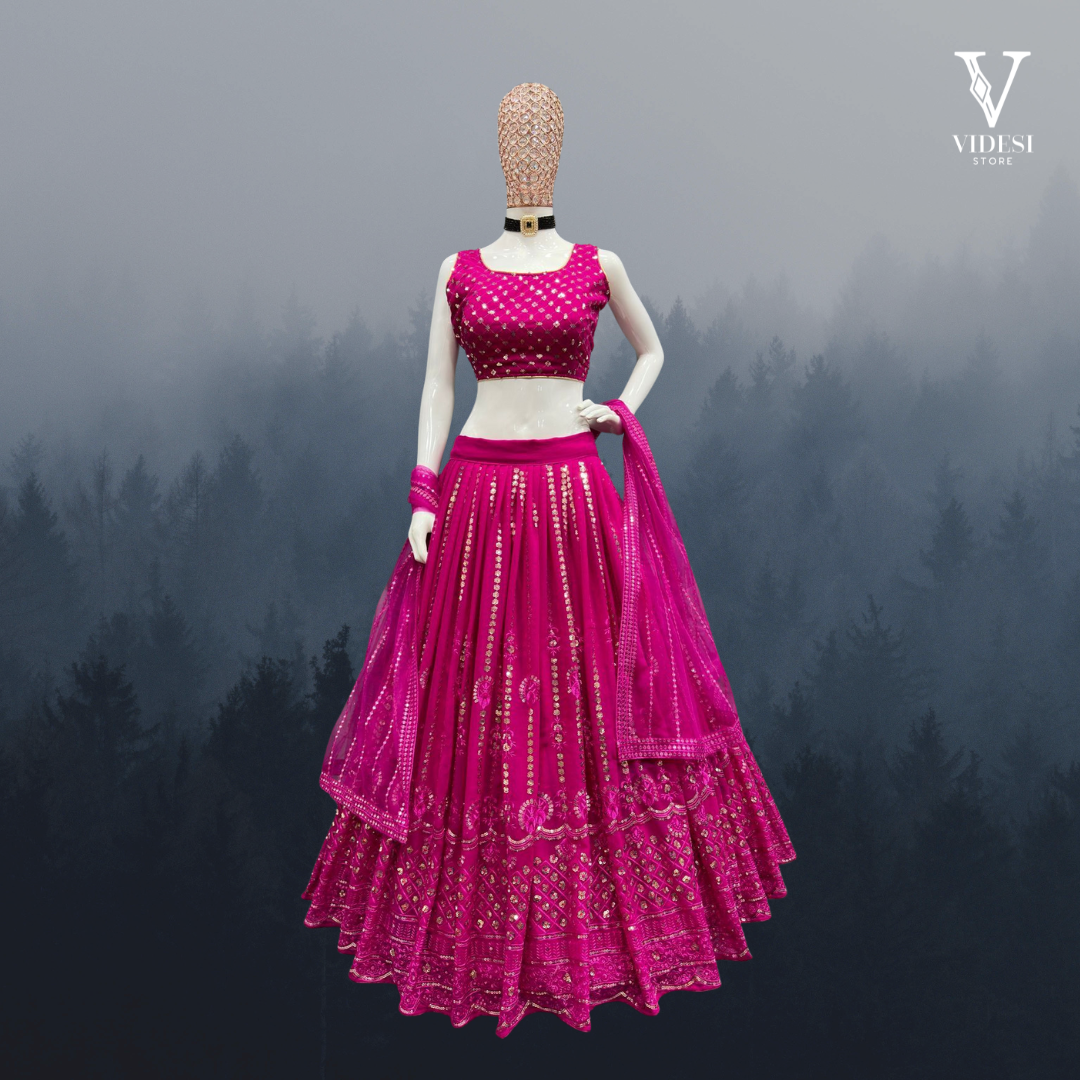 Aurelia Flush Pink Embroidered Sequined Georgette Lehenga