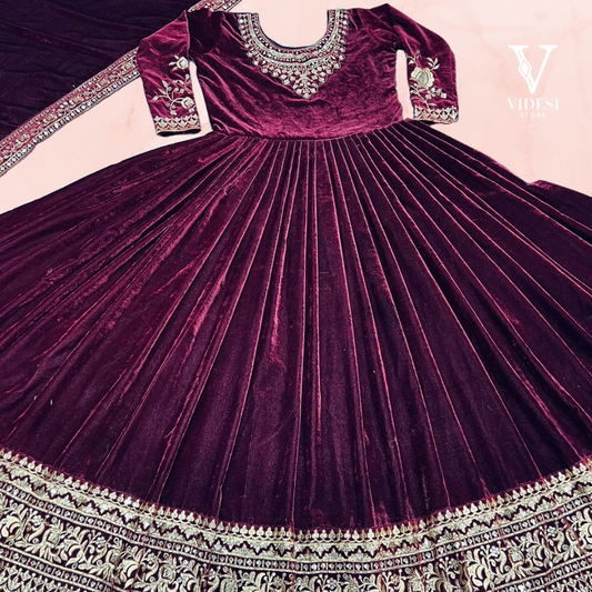 Ava Splendid Maroon Heavy Viscose Velvet Embroidered Gown