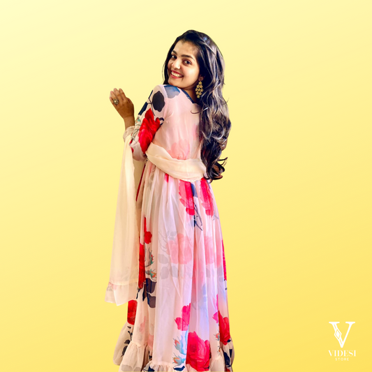 Avery Floral Printed Embroidered Faux Georgette Gown