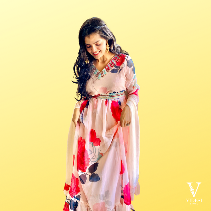 Avery Floral Printed Off White Faux Georgette Embroidered Gown with Dupatta