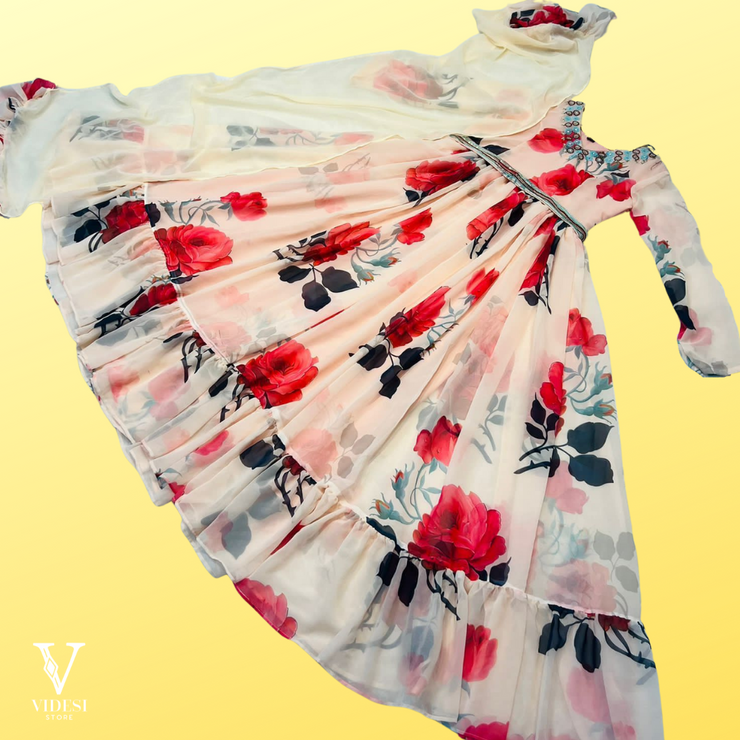 Avery Floral Printed Off White Faux Georgette Embroidered Gown with Dupatta