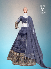 Ayla Flattering Printed Navy Blue Georgette Embroidered Moti Lace Lehenga