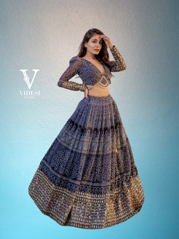 Ayla Flattering Printed Navy Blue Georgette Embroidered Moti Lace Lehenga