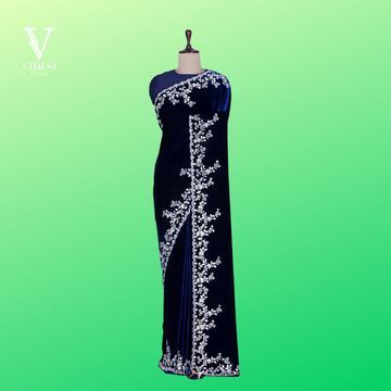 Bella Refined Blue Velvet Embroidered Sequined Saree