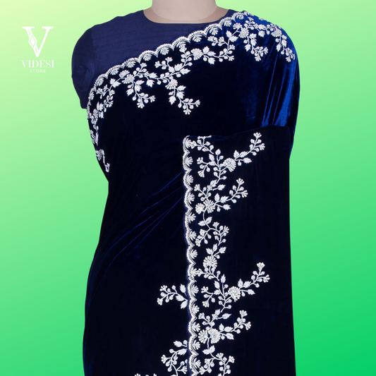 Bella Refined Blue Velvet Embroidered Sequined Saree