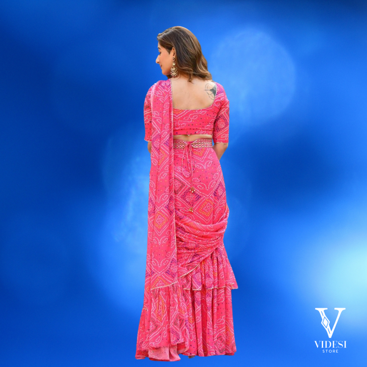 Camila Hot Pink Digital Printed Faux Georgette Saree with Layered Ruffle Work