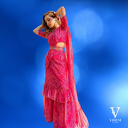 Camila Hot Pink Digital Printed Faux Georgette Saree with Layered Ruffle Work