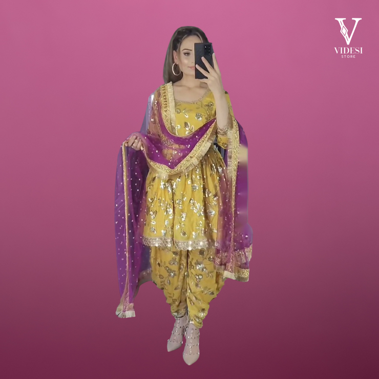 Carmen Splendid Heavy Embroidered Faux Georgette Top and Dhoti Salwar with Net Dupatta
