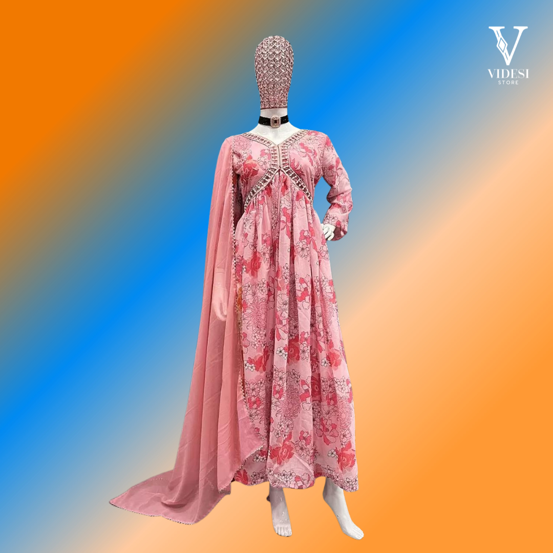 Cassia Blushing Digital Printed Floral Faux Georgette Gown