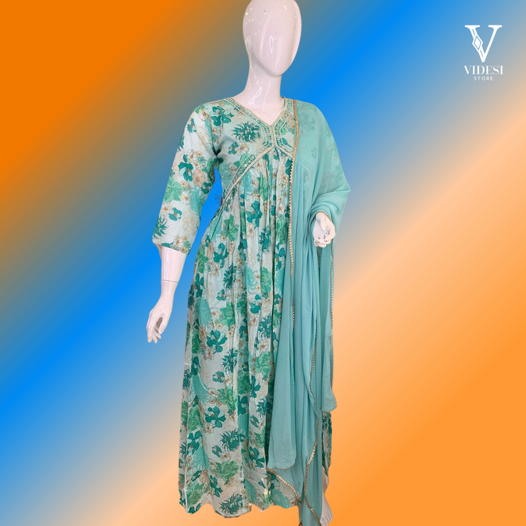 Cassia Blushing Digital Printed Floral Faux Georgette Gown with Lace Bordered Dupatta