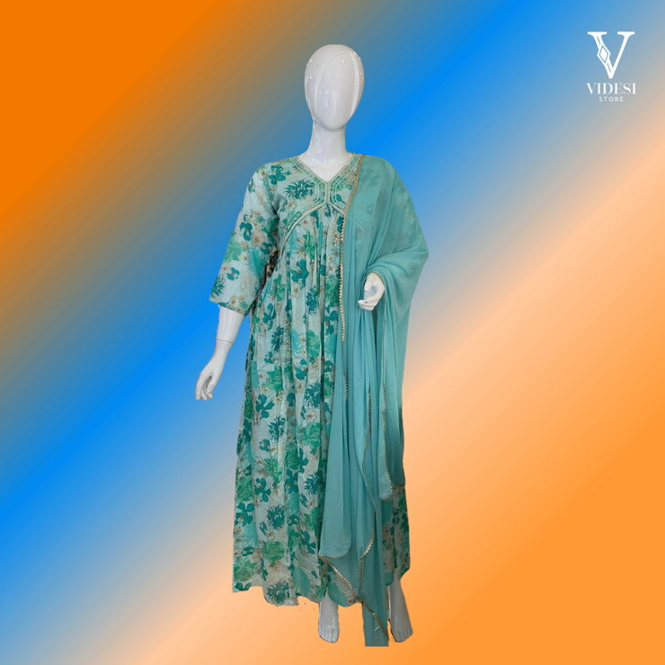 Cassia Blushing Digital Printed Floral Faux Georgette Gown with Lace Bordered Dupatta
