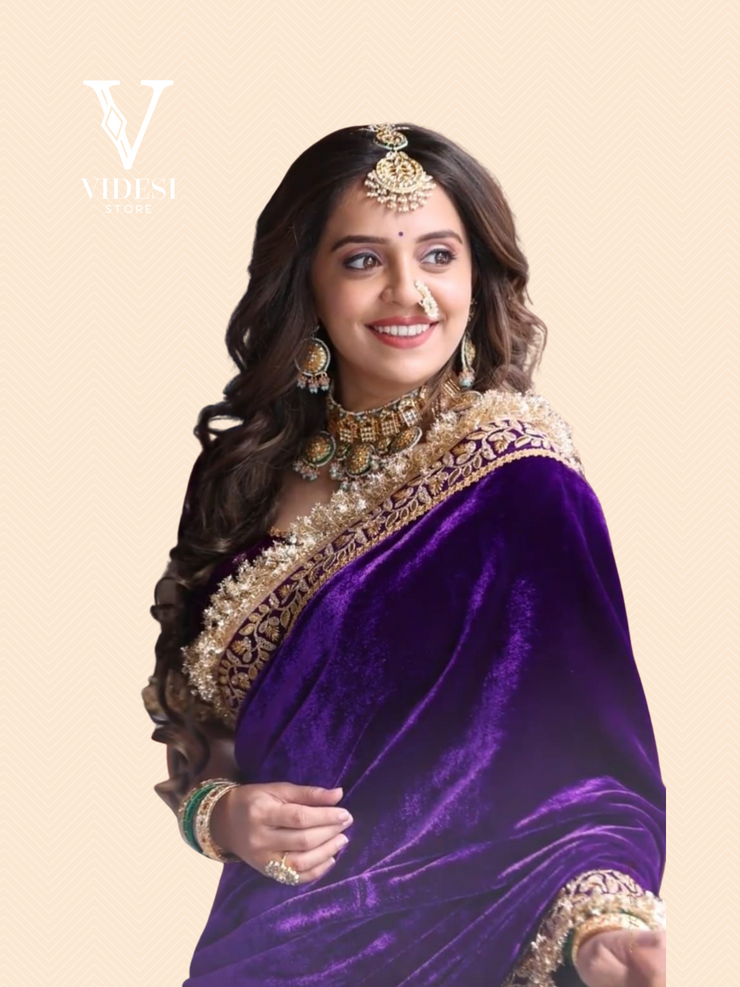 Cheska Modern Taffeta Purple Velvet Embroidered Lace Border with Tassel Saree
