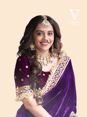 Cheska Modern Taffeta Purple Velvet Embroidered Lace Border with Tassel Saree