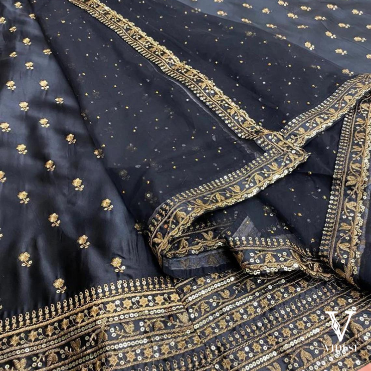 Clara Dashing Black Silk Embroidered Sequined Lehenga with Net Dupatta