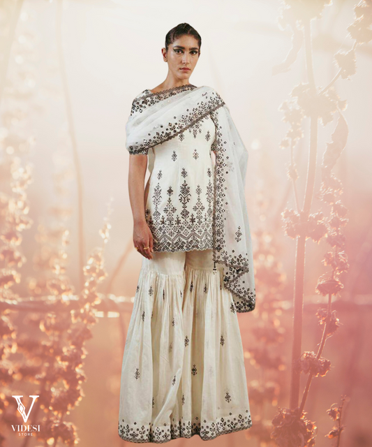 Cora Pure White Embroidered Sequined Georgette Sharara Suit