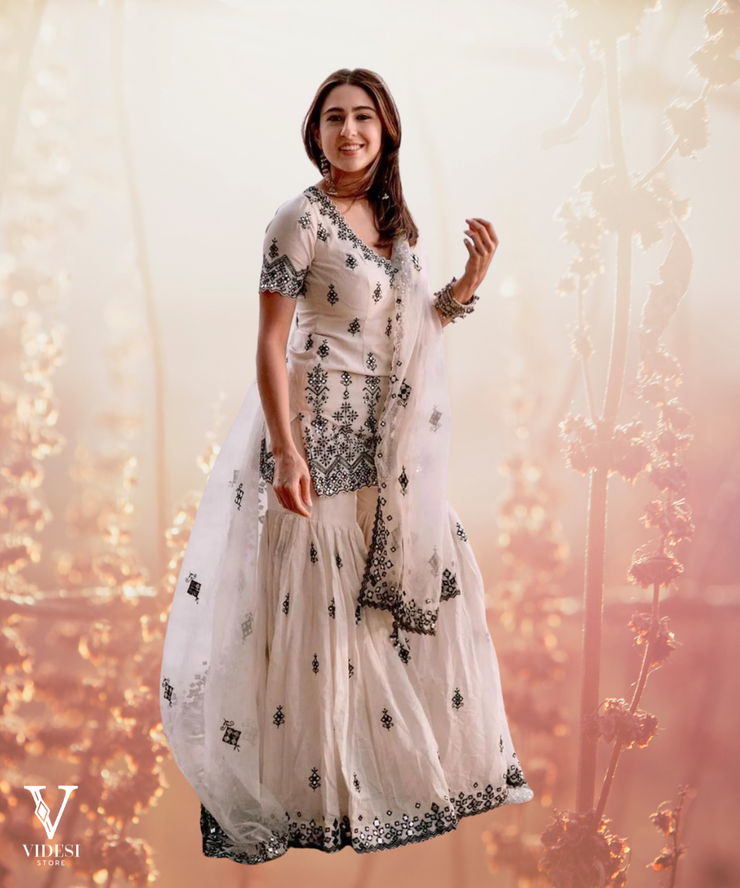 Cora Pure White Embroidered Sequined Georgette Sharara Suit with Dupatta