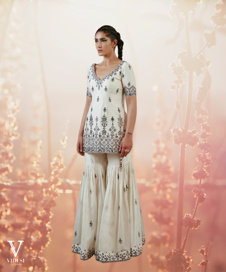 Cora Pure White Embroidered Sequined Georgette Sharara Suit with Dupatta
