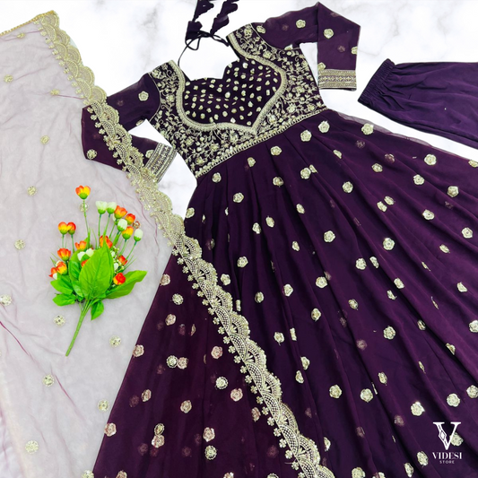 Dawn Stylish Embroidered Sequined Faux Georgette Gown With Net Dupatta