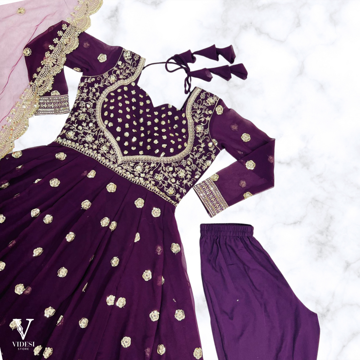 Dawn Stylish Full Sleeve Embroidered Sequined Faux Georgette Gown with Net Dupatta