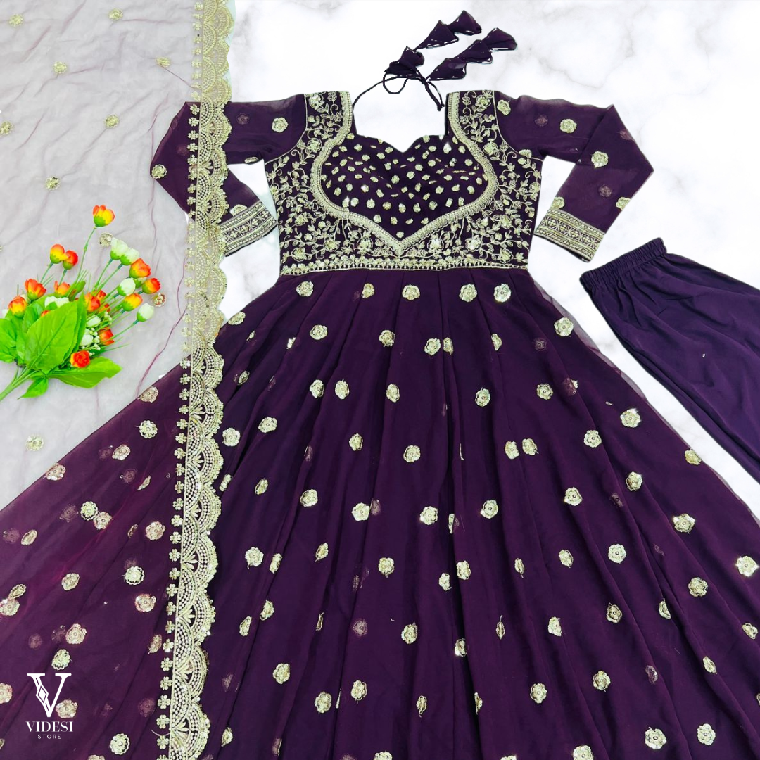 Dawn Stylish Embroidered Sequined Faux Georgette Gown With Net Dupatta