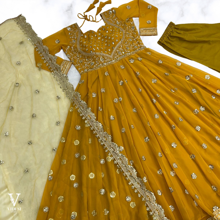 Dawn Stylish Full Sleeve Embroidered Sequined Faux Georgette Gown with Net Dupatta