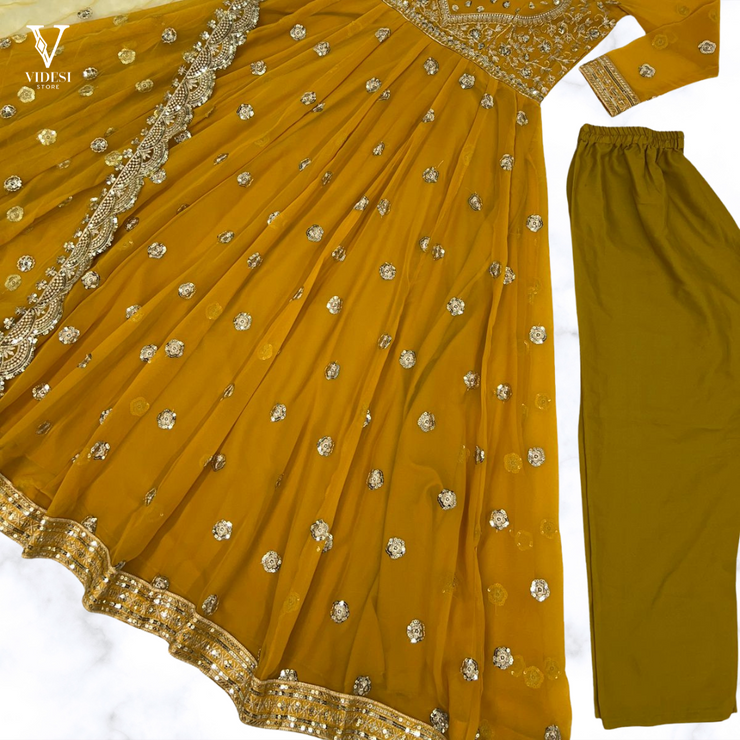 Dawn Stylish Full Sleeve Embroidered Sequined Faux Georgette Gown with Net Dupatta