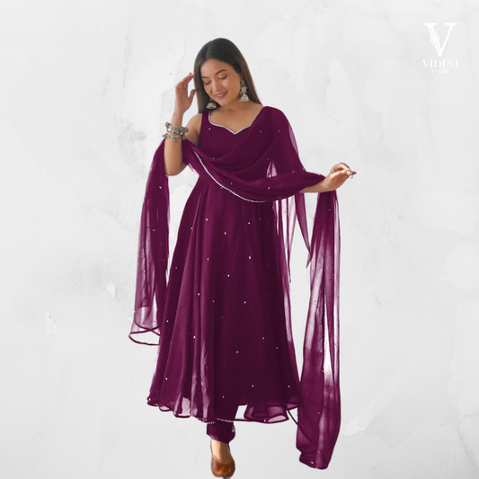 Diana Stylish Georgette Gown With Cotton Pants And Dupatta