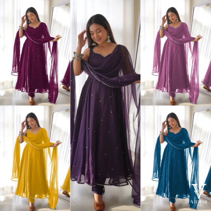 Diana Stylish Georgette Gown with Cotton Pants and Dupatta