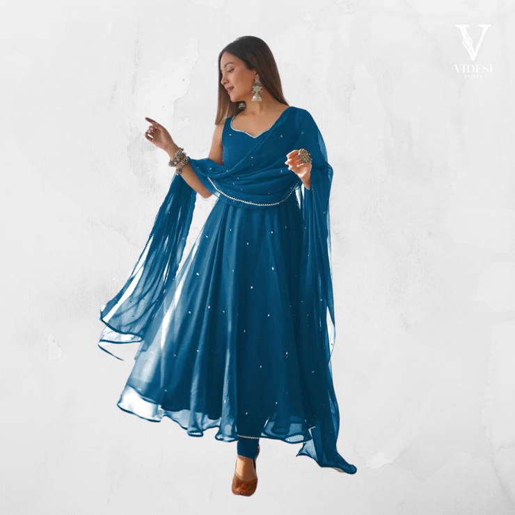Diana Stylish Georgette Gown with Cotton Pants and Dupatta