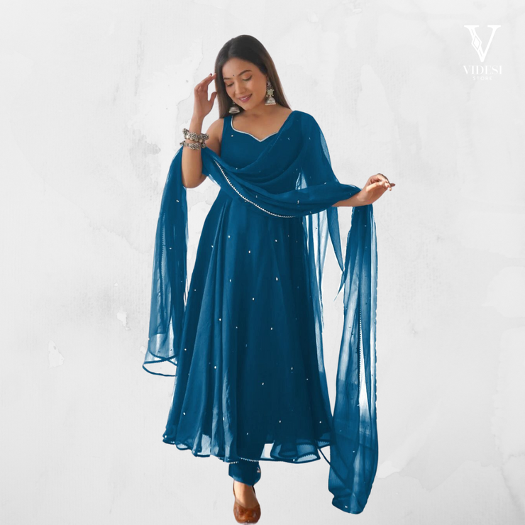 Diana Stylish Georgette Gown with Cotton Pants and Dupatta