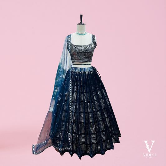 Elena Classy Navy Blue Viscose Velvet Embroidered Sequined Lehenga