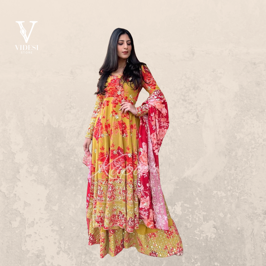 Eleonor Lively Full Sleeve Yellow Floral Embroidered Gown