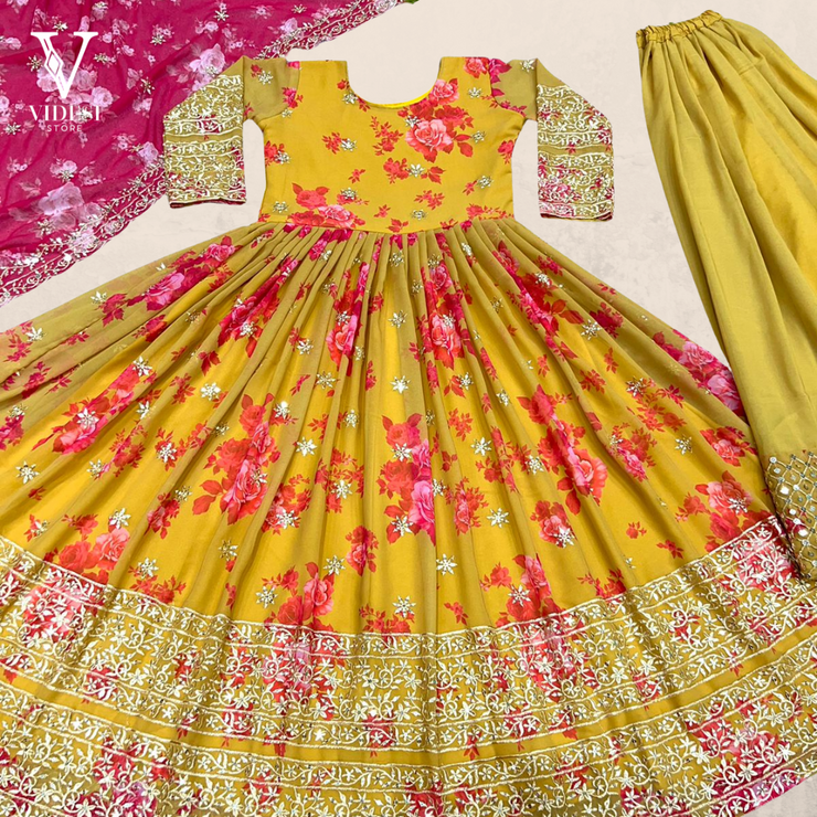 Eleonor Lively Full Sleeve Yellow Floral Embroidered with Dupatta Gown