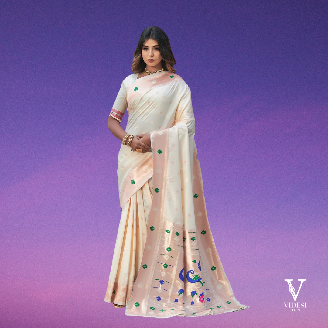 Emery Regal White Banasari Silk Paithani Saree