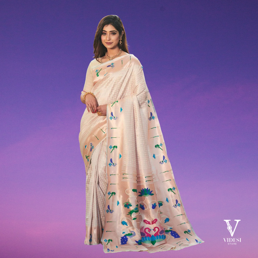 Emery Regal White Banasari Silk Paithani Saree