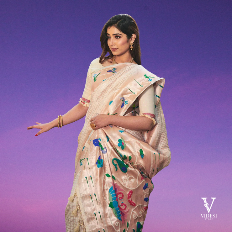 Emery Regal White Banasari Silk Paithani Saree