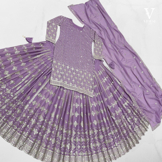 Emie Lilac Embroidered Sequined Faux Georgette with Tassels Lehenga