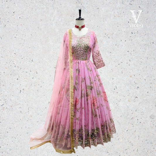 Emilia Blushing Pink Digital Printed Sequined Faux Georgette Gown